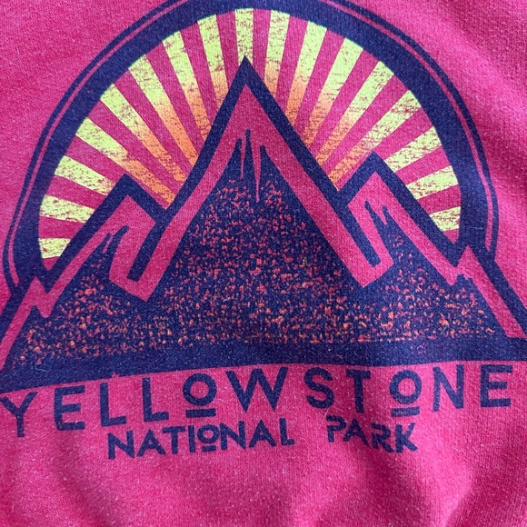 Red Retro Yellowstone Mountain Hoodie with Geometric Sunburst - Picture 1 of 5